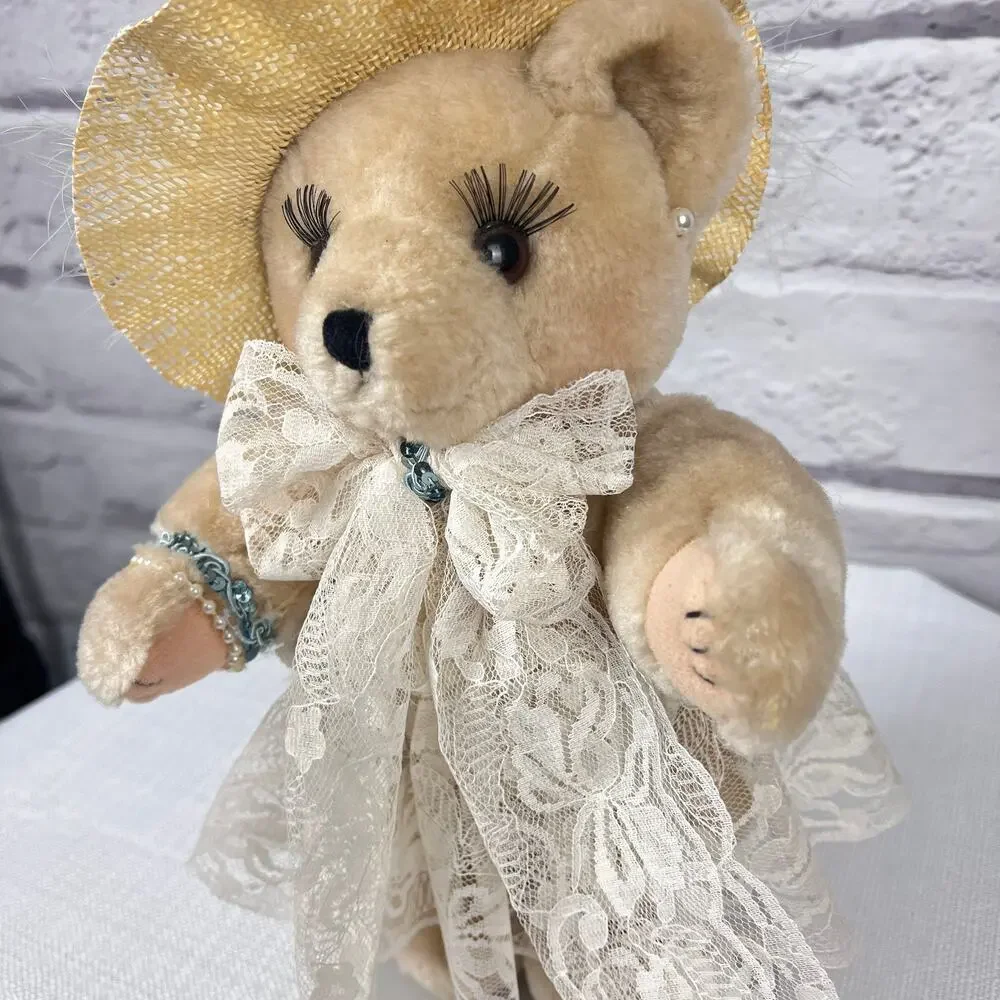 Country Cozy's Born to Shop Vintage 90s Jointed Bear Lace Dress Feather Hat 12